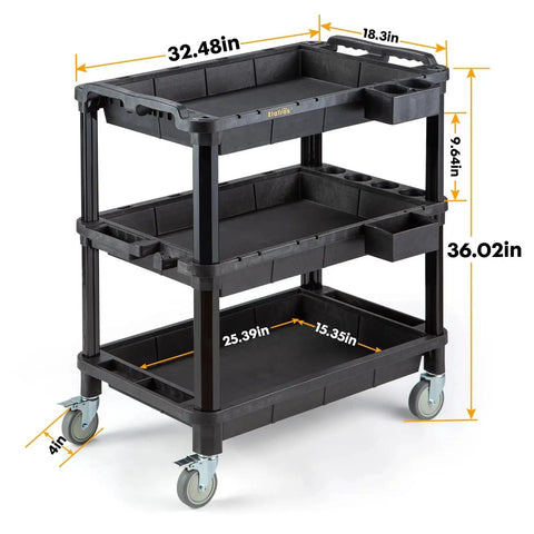 Multi Use Utility Cart With Three Deep Shelves Heavy Duty Service Cart Industrial Grade Tool Organizer Rolling Mobile Cart Holds Up To 500 Lbs Durable Weather Resistant Polypropylene Black Size 32.4 By 18.3 Inches with dimensions and casters shown.