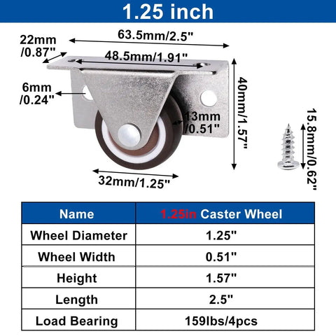 Low Profile Fixed Caster Wheels For Narrow Furniture Spaces Ideal For Drawers Cabinets And Trundle Beds Side Mount Non Swivel One And A Quarter Inch Small Wheel Set Of Four Load Thirty Six Lbs Each Concealed Design For Easy Furniture Renovation with dimensions and screw shown