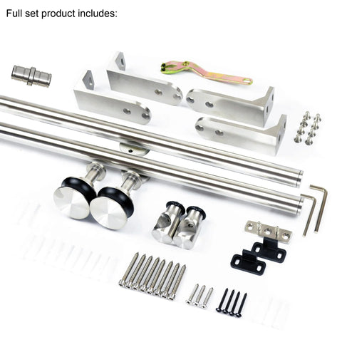 6Ft Stainless Steel Flat Roller Ceiling Mount Sliding Barn Door Hardware Kit Built Tough For 1 3 Eighth To 1 3 Fourth Inch Doors Heavy Duty Track System With Two Flat Rollers, Two Stoppers, Two 3Ft Tracks, Track Connector, And Round Brackets set displayed on a white background