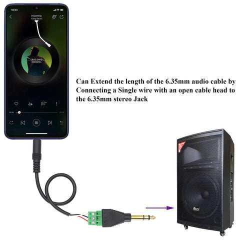 Diagram showing a smartphone connected to a 1/4 Inch TRS Audio Screw Terminal Block Adapter, 6.35mm Male to 3 Pin Female Bolt Screw Terminals, linked to a speaker.