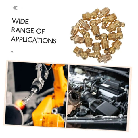 Grease Fitting Assortment Kit For Vehicles Trucks Applications With All In One Lubrication Nozzles shown with machinery and car engine