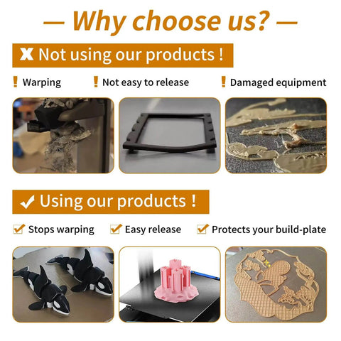 Comparison of 3D printing results using Heavy Duty 3D Printer Adhesive Glue For Hot Bed Bonding With Strong Grip And Minimal Warping For ABS PLA PLA Plus PETG And TPU Filaments No Residue Durable Long Lasting Formula 120 Milliliters 4 Ounces and not using it, showing warping and clean release outcomes