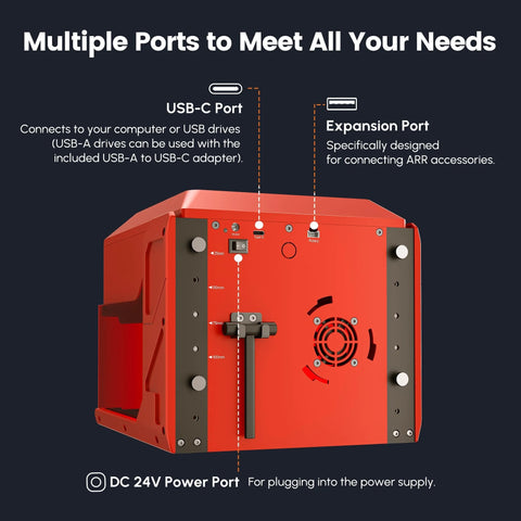 Back view of All In One Portable Laser Engraver With Built In AlgoOS 2.0 showing ports for USB-C, expansion, and power.