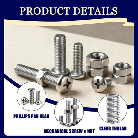 Everyday Tiny Stainless Steel Micro Screws And Nuts Kit with Phillips pan head, includes clear thread details
