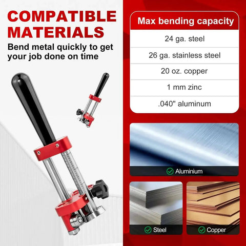 Onsite Sheet Metal Bender And Roller for Roofing Pros, showing compatible materials and max bending capacity for various metals.
