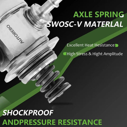 Axle spring with SWOSC-V material showing heat resistance and pressure resistance features on black background.