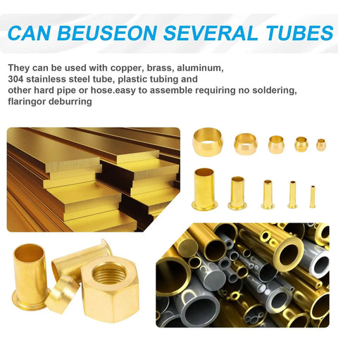 Brass 1/4 Inch OD Compression Insert Sleeve Ferrule And Nut Kit 75 Piece Set for Air and Water Lines, shown with various tube applications.