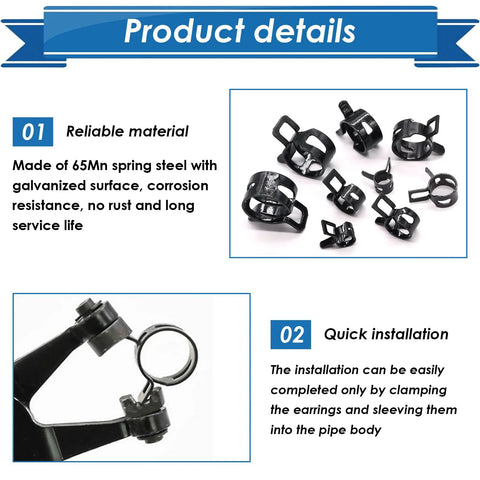 Eoppen 72-piece black spring hose clamps kit for automotive fuel and vacuum lines, six sizes 7mm–18mm