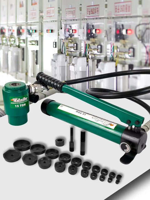 Pro-Grade 15 Ton Hydraulic Knockout Punch Kit with 10 Dies for 1/2 to 4 Inch Conduit, slug removal, rugged storage case