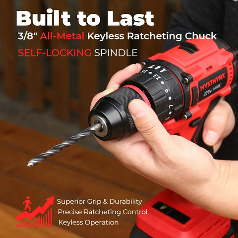 21V Max Brushless Cordless Hammer Drill Driver Kit in hand, showing 3/8 inch metal chuck and drill bit, featuring ratcheting chuck.