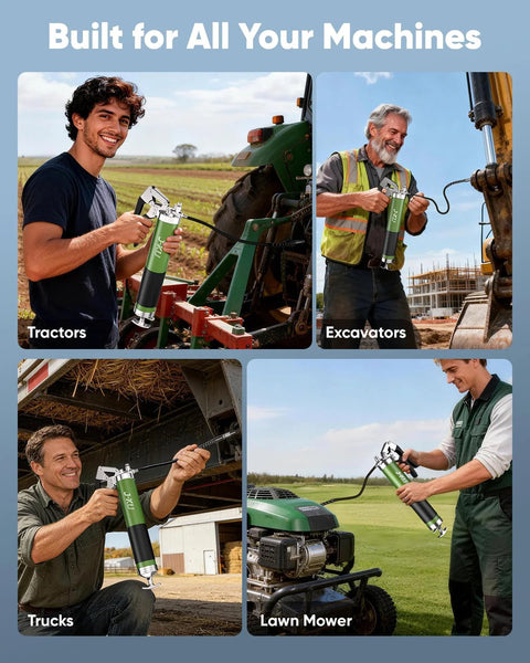 J-KU grease gun kit, 14 oz manual pistol grip, green/black, for tractors, excavators, trucks, and lawn mower