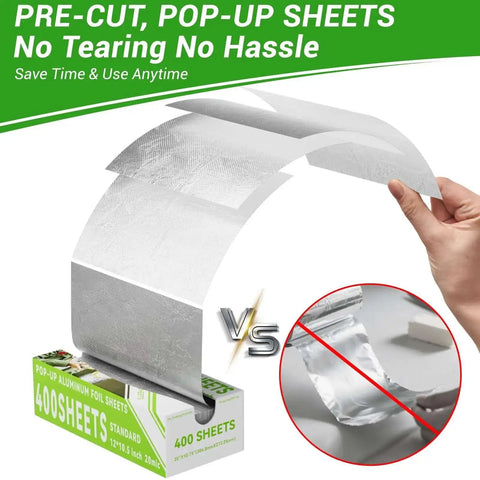 Grab And Go Pre Cut Pop Up Aluminum Foil Sheets 400 Count 12 By 10.6 Inches dispenser with hands grabbing sheet