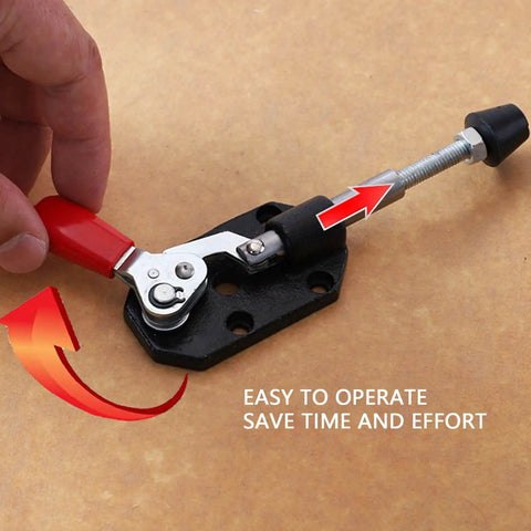 Toggle Clamp With Quick Release, 20mm Adjustable Cast Iron Push Pull Clamp for Woodworking Jigs and Fixtures, shown in use