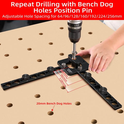 Person using Go-T0 Precision 20mm Bench Dog Hole Drill Guide And Template on MFT tabletop with drill for accurate holes