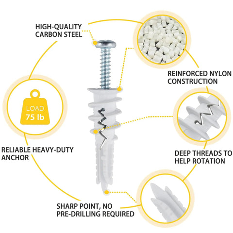 60Pcs Self Drilling Drywall Anchors And 8 Screws Heavy Duty Wall Anchors For Drywall Holds Up To 75 Lb No Pre Drill Hole Required Drywall Screws And Anchors Kit For Hanging Frames Shelves And TV, reinforced nylon anchor with screw labeled features.