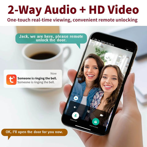 Smartphone displaying 6-In-1 Video Smart Lock With Camera And Doorbell, Fingerprint Unlock, showing two-way video communication.