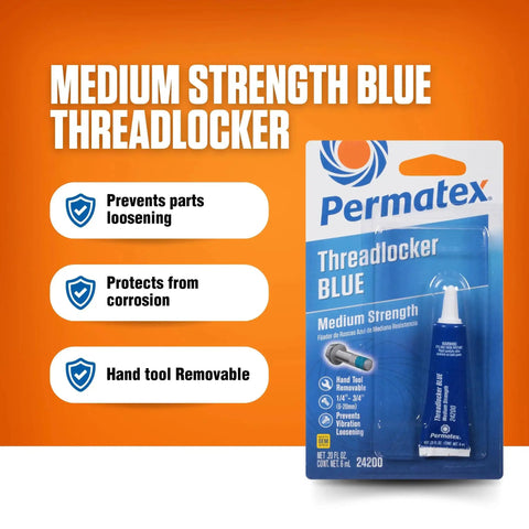 Medium Strength Blue Thread Locker For Automotive Bolts And Nuts That Keeps Bolts From Coming Loose Under Vibration Seals And Protects Threads From Corrosion 6 Ml Tube Removable With Hand Tools For One Quarter Inch To Three Quarter Inch Fasteners Permatex packaging