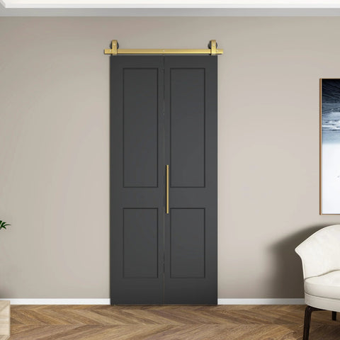 36 Inch By 84 Inch Bi Fold Barn Door Set With Two Panels And Brushed Gold Hardware for closets with textured black finish