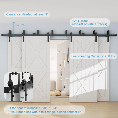 Installed Bypass Sliding Barn Door Hardware Kit For Four Doors Double Track 12 Foot Rail System With junction plates visible