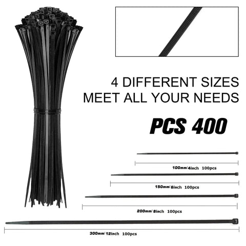 Heavy Duty 400 Pack Assorted Black Cable Ties Kit, 4 Inch, 6 Inch, 8 Inch, 12 Inch Nylon Self Locking Wire Ties