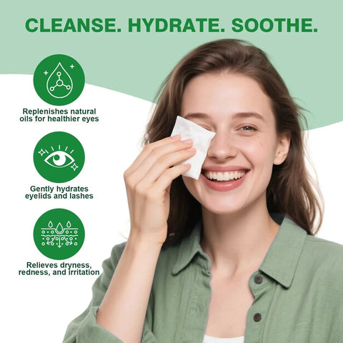 Woman using Tea Tree Oil Eyelid Wipes Individually Wrapped Hydrating For Sensitive Eyes, smiling with product benefits displayed.
