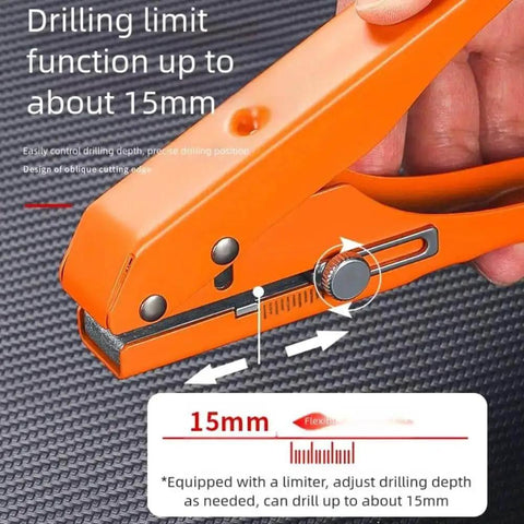 Close-up of Pro Grade 15mm Hole Punch Pliers With Fixed Guide, drilling limit function shown, ergonomic design visible, orange tool