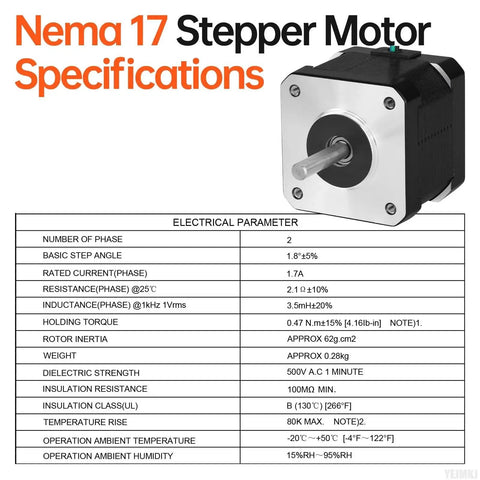 3 Pack Nema 17 Stepper Motors For 3D Printers And CNC, 1.8 Degree Step, 2 Phase Bipolar High Torque 0.47 Nm, technical specifications table