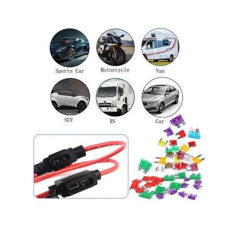 10 Pack 18 AWG Inline Mini Fuse Holders Waterproof For Car Truck Boat SUV 32V DC 30cm Lead Built To Last ROHS Compliant Auto Electrical Wiring Kit For Marine RV And Off Road Use shown with various vehicles and fuse colors.