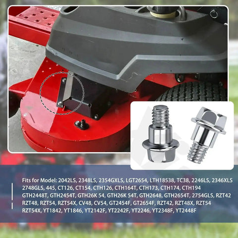 4 Pack Heavy Duty Replacement Shoulder Bolts 532196539 compatible with lawn mower models, shown installed on red mower deck