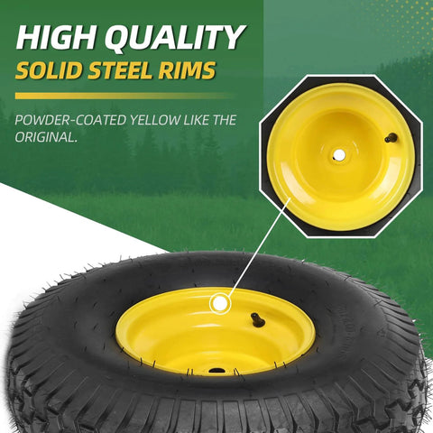 2-Pack 20X8.00-8 Rear Tire And Wheel Assemblies For Riding Lawn Mowers, solid steel rims, yellow powder-coated, close-up view