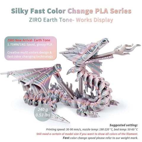 Color-changing dragon model printed using Earth Tone Silk PLA Filament With Dope Gradient Color Change for 3D Printing on Most FDM Printers.