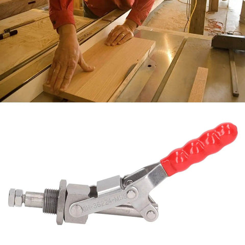 Beefy Heavy Duty Toggle Clamp With 66.8Mm Stroke And 180 Degree Push Pull Action, Delivers 701Lb Holding Power, Quick Release, Non Slip Ergonomic Handle, shown on woodworking table.