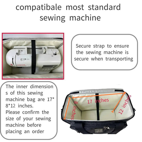 Interior view of rolling sewing machine bag with secure straps, fits most standard sewing machines like Brother and Singer.