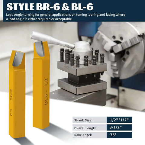 Two carbide cutter tips with BR-6 and BL-6 labels next to a metal lathe setup, part of Twenty Piece Half Inch Carbide Tip Cutter Tool Set.