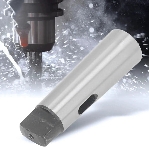 Steel Morse taper drill sleeve adapter, silver cylindrical body with dark square drive end, diagonal view