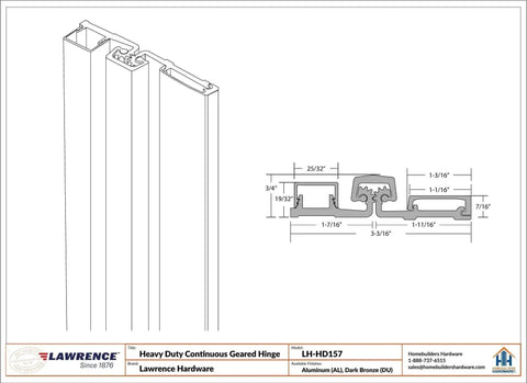 Technical diagram of Heavy Duty Continuous Geared Door Hinge In Dark Bronze Anodized Aluminum Full Surface 83 Inch Center Pivot