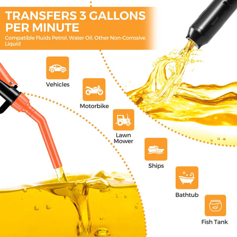 Portable Electric Fuel Transfer Pump 3 GPM Battery Powered Siphon For Oil And Fluids With Adjustable Flow Control Nozzle Orange lightweight pump with fluid transfer capabilities.