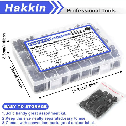 Self Drilling Hex Washer Head Screws Kit With Hex Socket Pro Grade 500 Piece Black Oxide 410 Stainless Steel Sizes Eight Ten Twelve