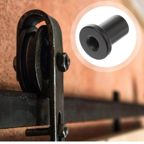 Close-up of 5 Pack Black Barn Door Track Spacers for Sliding Barn Doors Heavy Duty Wall Connectors installed on rail