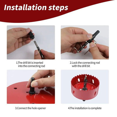 Installation steps of red bi metal hole saw kit with arbor and pilot drill bit for fiberboard wood drywall plastic metal