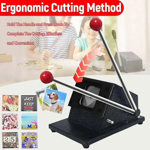 Square Magnet Button Cutter For Paper And Photos, 2x2 Inch Punch Cutter with red handles and paper examples, ergonomic cutting method