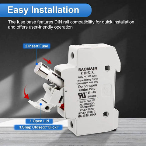 RT18-32 Fuse Holder Base With 10x16A Ceramic Fuses (10x38mm), side view showing snap lock and fuse insertion.