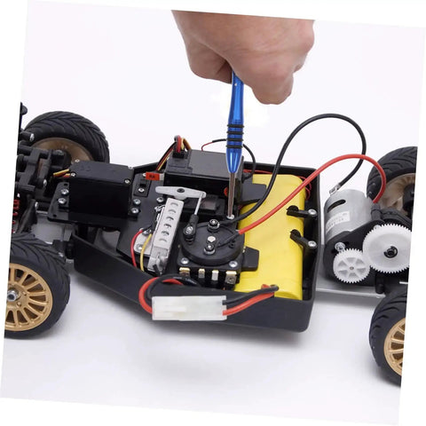 Person using RC Car Screw Kit With Replacement Hardware Fasteners Set 1216-17 1218 1219 Comes With Wrench And Nuts For Quick On The Go Maintenance And Repair Of Your RC Ride In A Compact Organized Case on an RC car motor section
