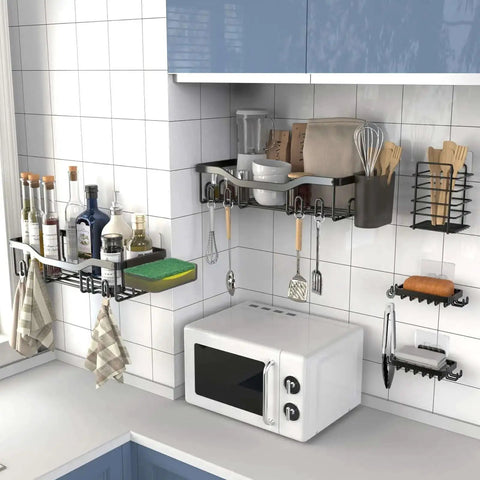 7 Pack Adhesive Shower Caddies With 24 Hooks Rustproof Stainless Steel Bathroom Shelves No Drill Organizer installed in kitchen