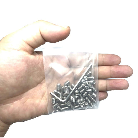 Fifty Piece Set Screws One Quarter Twenty Threads By Three Eighths Inch 304 Stainless Steel Allen Head Hex Socket Set Screws With One Eighth Inch Allen Wrench in hand
