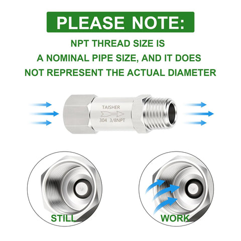 Taisher 304 stainless steel check valve, 3/8 NPT male to 3/8 NPT female, one-way backflow preventer