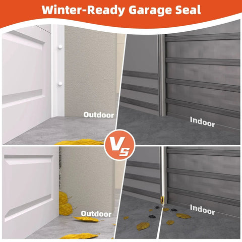 Comparison of installed Universal 40 Ft TPE Garage Door Seal, showing drafts and moisture blocked, white finish, indoor versus outdoor view.