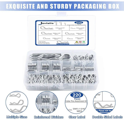 Heavy Duty Zinc Plated R Clips And Cotter Pins Kit, 220 Piece Spring Fastener Assortment for hitches and lawn mowers