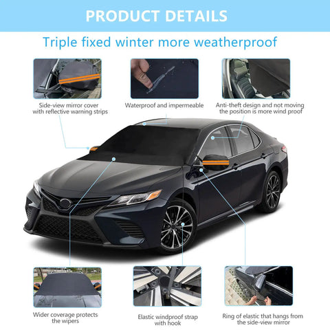 All Weather 75x47 Inch Windshield Cover For Ice Snow Rain Waterproof With Side Mirror Protection Fits Most Cars SUVs Vans, shown on a car.