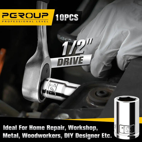 Mechanic using 10 Piece 1/2 Inch Drive Shallow Socket Set Metric 10mm Through 19mm, 6 Point Cr-V Steel, Chrome Plated